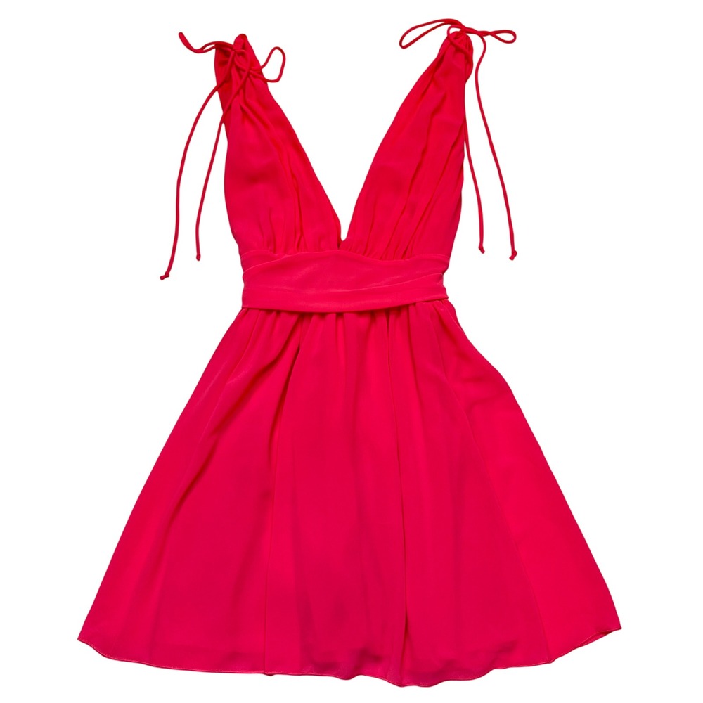 Lucy In The Sky Los Angeles Hot Pink Tie Shoulder Deep V Mini Dress Size L - Picture 2 of 9